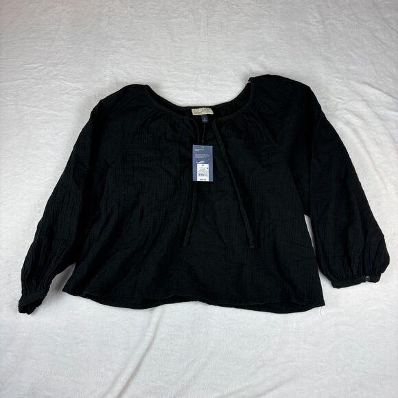 Universal‎ Thread Blouse Top Womens Medium Black Solid Balloon Sleeve Round Neck - Picture 1 of 5